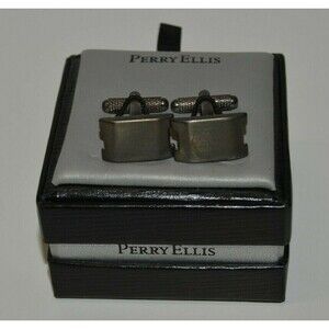 Nice Aged PERRY ELLIS Gun Metal Silver Classic Men's Dress Cuff Links w/ Box